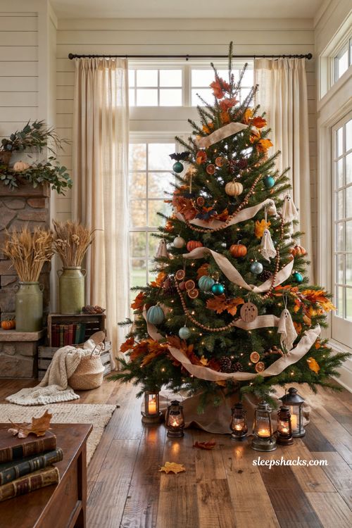 Fall christmas tree ideas with subtle halloween accents in a cozy farmhouse living room