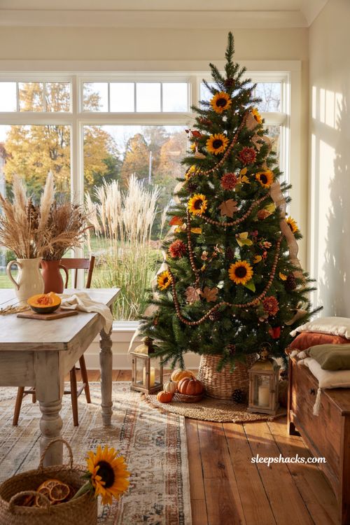Fall christmas tree ideas with sunflower decorations in a bright farmhouse sunroom