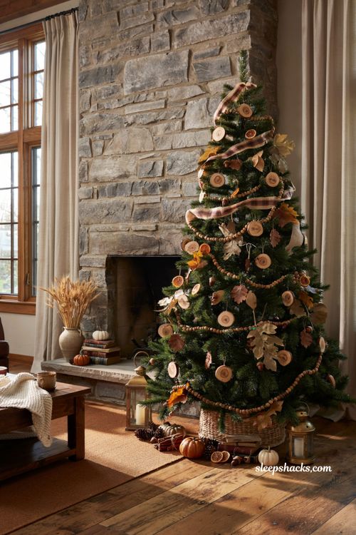 Fall christmas tree ideas with rustic wood slice ornaments in a cozy farmhouse living room