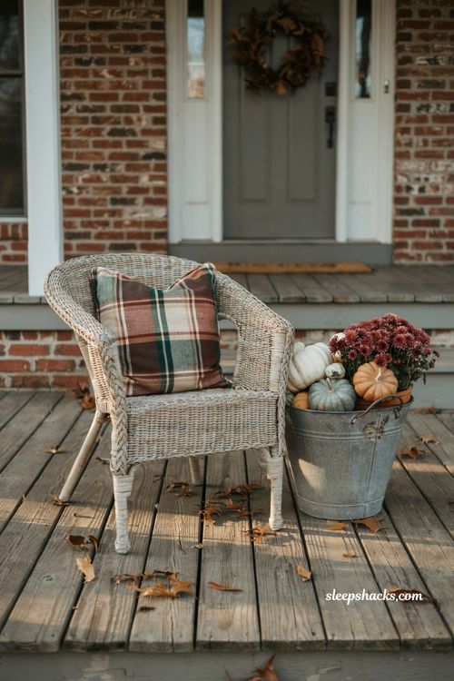 Fall front porch armchair with plaid pillow pumpkins and mums