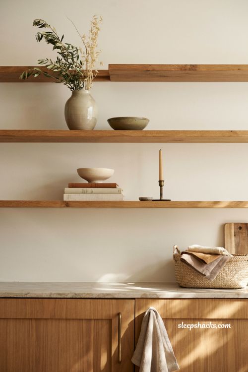Fall home decor ideas for styling open shelves with elegant neutral autumn decor