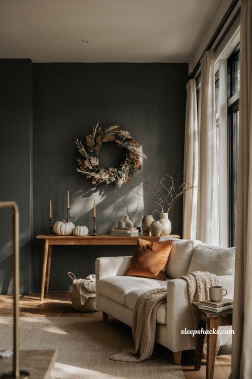 Fall home decor ideas with black and cream living room styling and white pumpkins