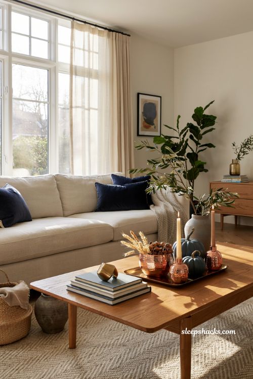 Fall home decor ideas with navy and copper autumn color palette
