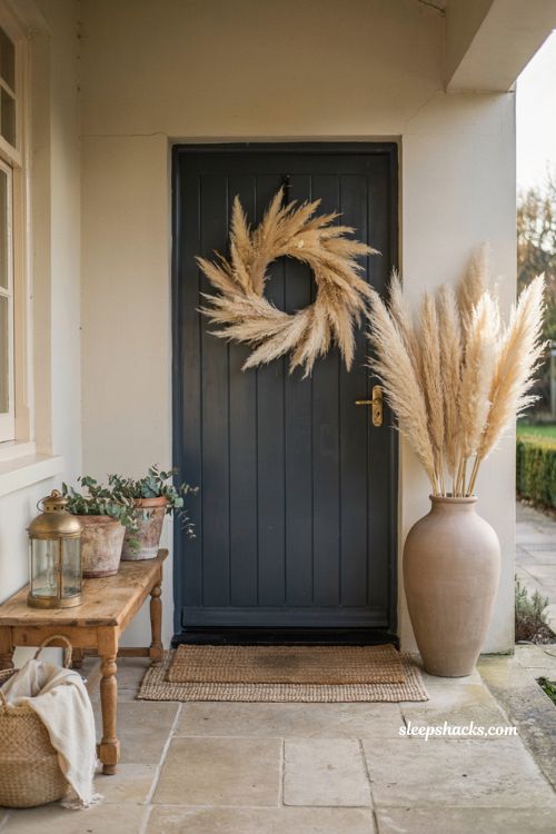 Fall home decor ideas with pampas grass wreath and elegant neutral front door styling