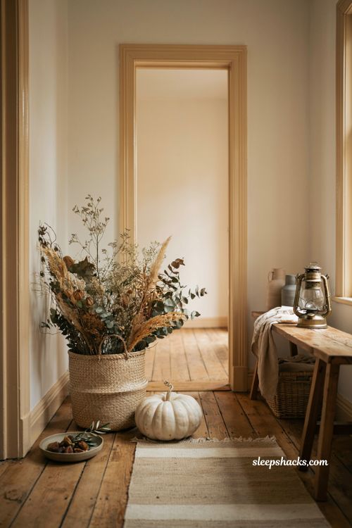 Fall home decor ideas with woven basket and dried stems by the entryway