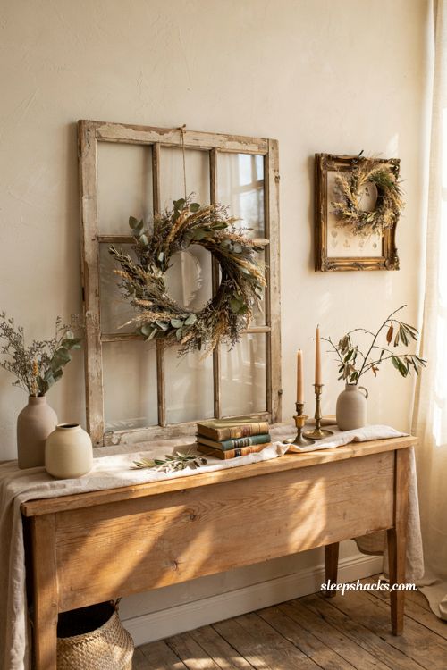 Fall home decor ideas with wreaths displayed in unexpected indoor spaces