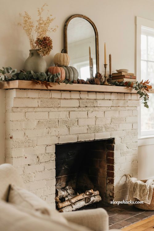 Fall mantle decor ideas with balanced cozy farmhouse fireplace styling for a warm autumn living room