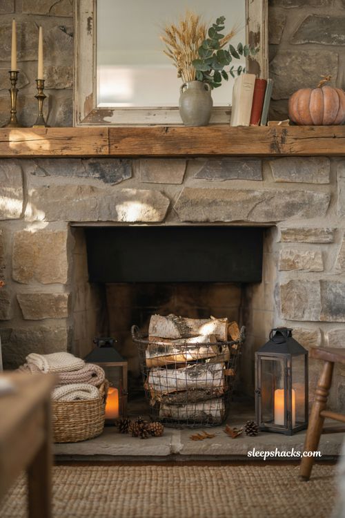 Fall mantle decor with birch log bundle in a vintage wire basket beside a cozy farmhouse fireplace