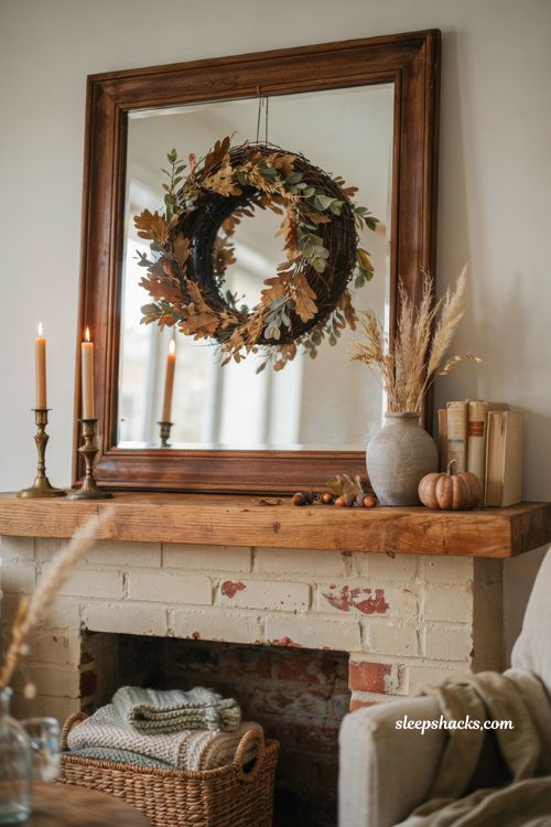 Fall mantle decor with framed mirror backdrop and layered wreath above a cozy farmhouse fireplace
