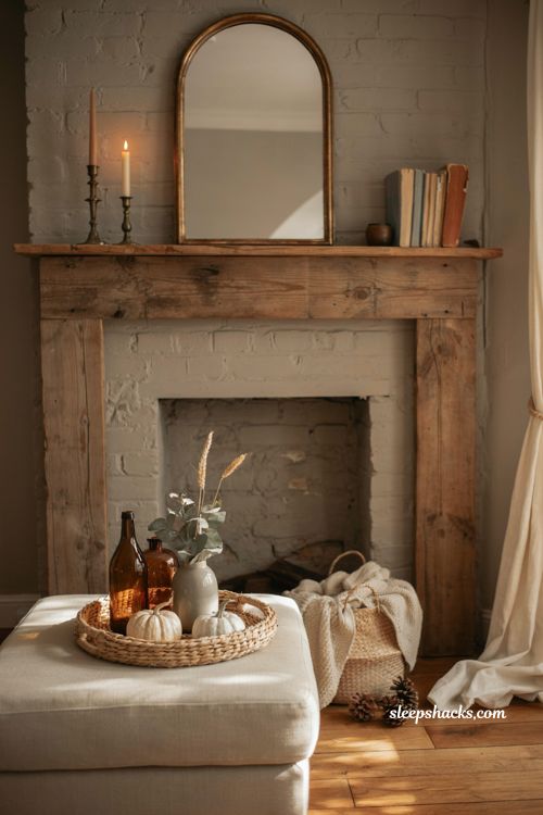 Fall mantle decor with woven tray styling on an ottoman for a cozy farmhouse living room