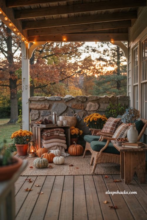 Fall outdoor decor ideas with a cozy blanket station for the patio