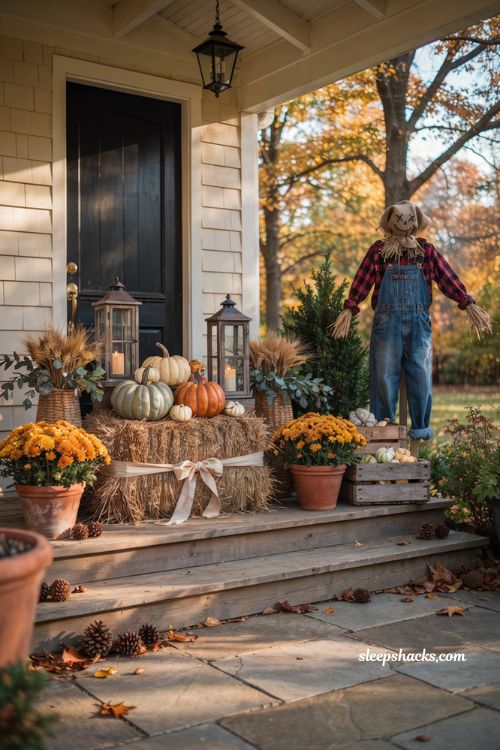 Fall outdoor decor ideas with a hay bale pumpkin display on the front porch