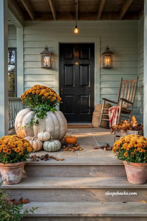 Fall outdoor decor ideas with a pumpkin planter and cozy autumn porch