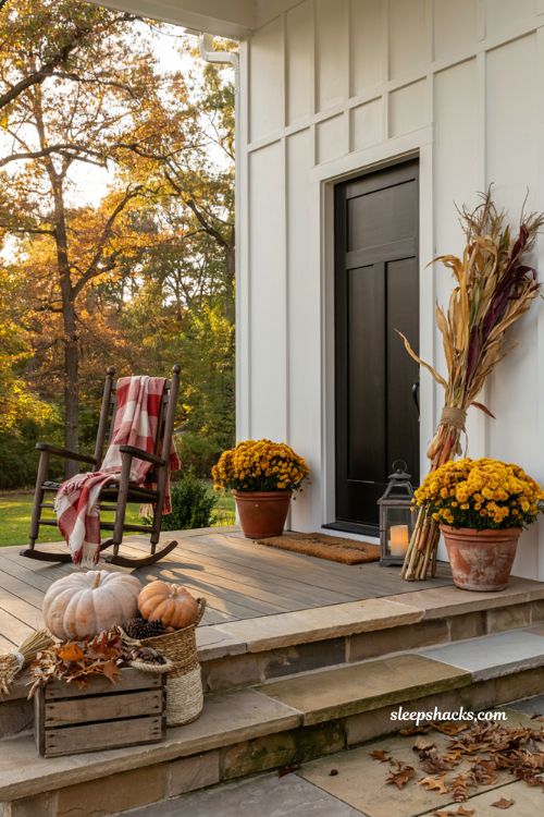 Fall outdoor decor ideas with bundled dried corn by the front door