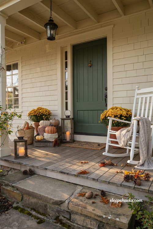 Fall outdoor decor ideas with cozy sweater wrapped pumpkins on the porch