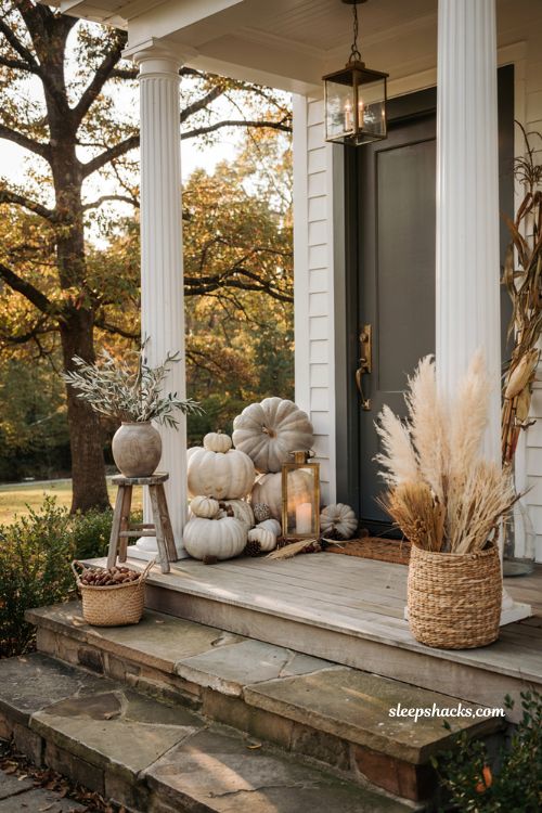 Fall outdoor decor ideas with elegant white pumpkins and neutral porch styling