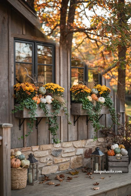 Fall outdoor decor ideas with layered autumn window boxes and mums