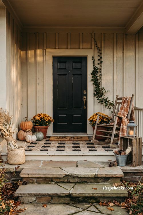 Fall outdoor decor ideas with layered doormats and cozy autumn porch styling