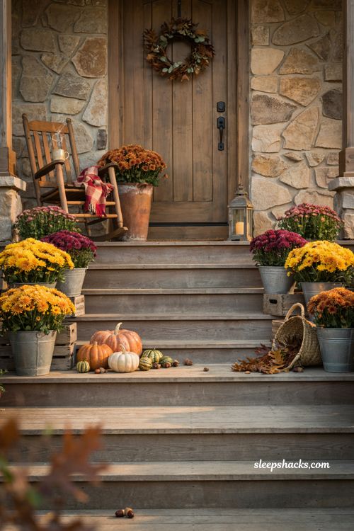 Fall outdoor decor ideas with layered mums in terracotta pots on a cozy front porch
