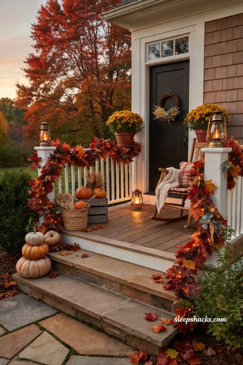Fall outdoor decor ideas with maple leaf garland and glowing porch railing