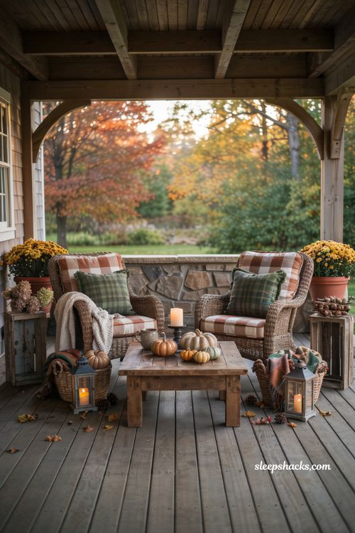 Fall outdoor decor ideas with plaid cushions and cozy patio seating