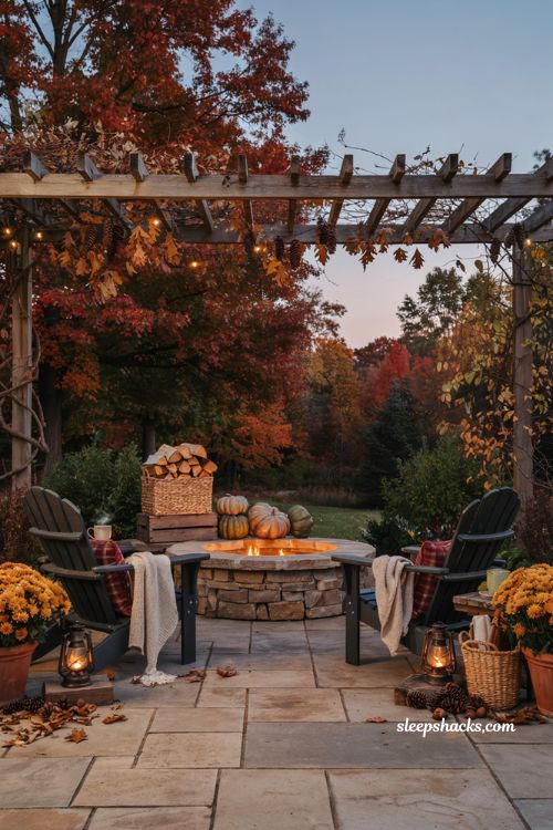 Fall outdoor decor ideas with stacked firewood beside a cozy fire pit