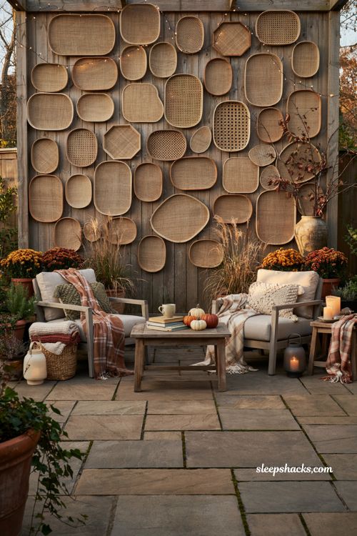 Fall patio decor with a woven basket wall and warm fairy lights