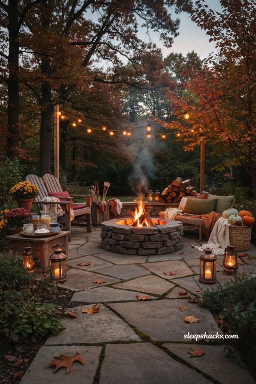Fall patio decor with cozy fire pit for cider and smores nights