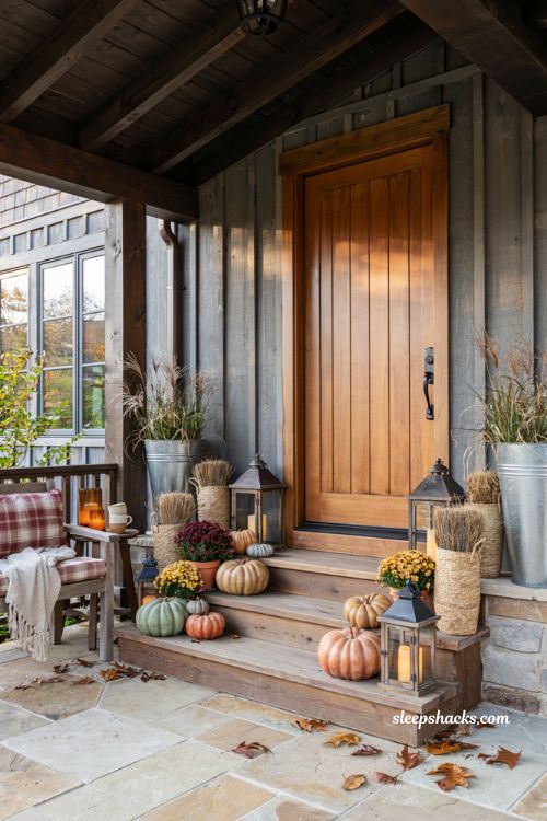 Fall patio decor with faux pumpkins on cozy autumn porch steps