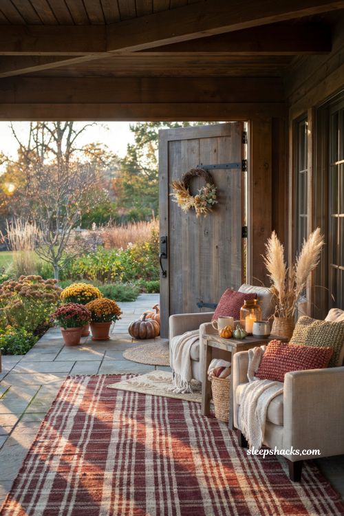 Fall patio decor with layered rugs and cozy autumn outdoor seating
