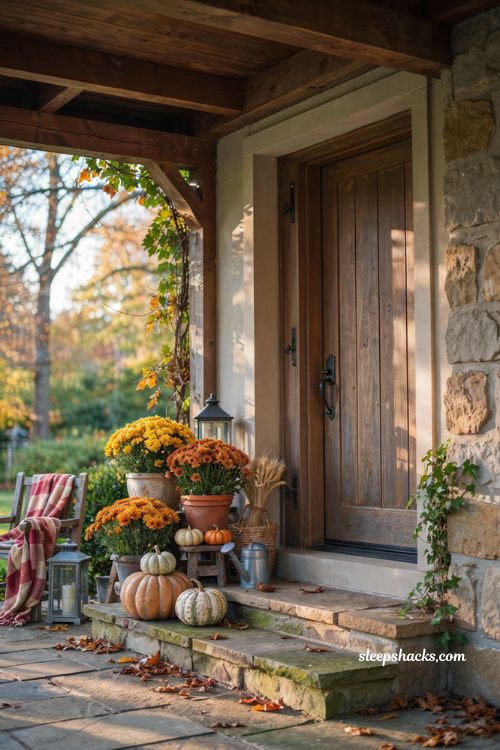 Fall patio decor with mums and pumpkins by the door for autumn charm