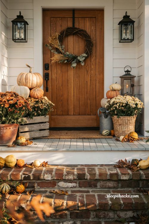 Fall porch decorating ideas with balanced pumpkins mums and natural asymmetrical styling