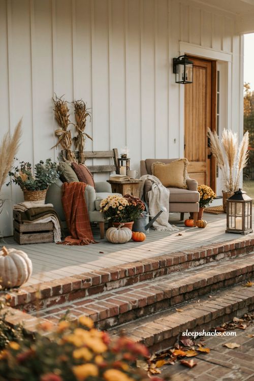 Fall porch decorating ideas with cozy seating nook plaid throws and autumn mums