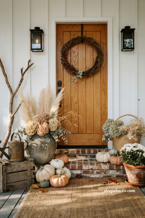 Fall porch decorating ideas with dried hydrangeas pampas grass and heirloom pumpkins