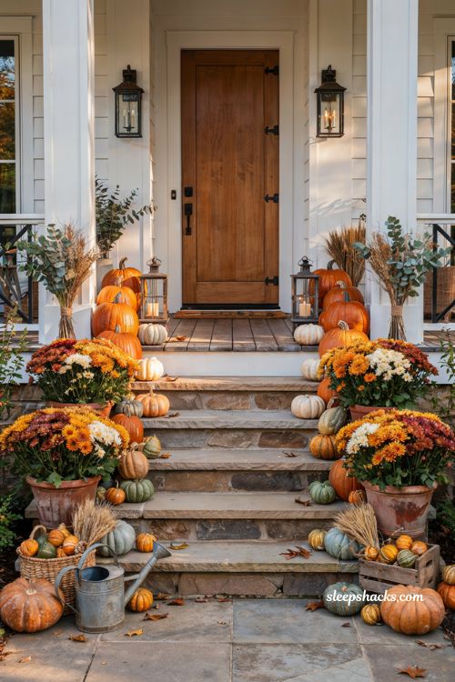 Fall porch decorating ideas with layered pumpkins and colorful mums on front steps