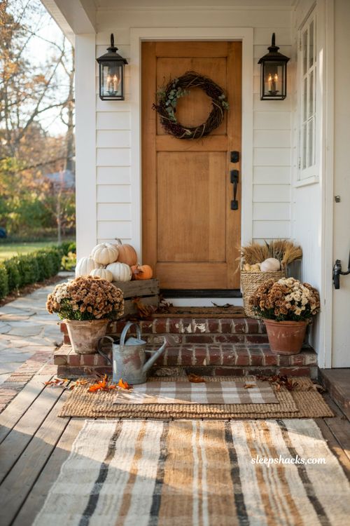 Fall porch decorating ideas with layered welcome mats and cozy autumn entryway
