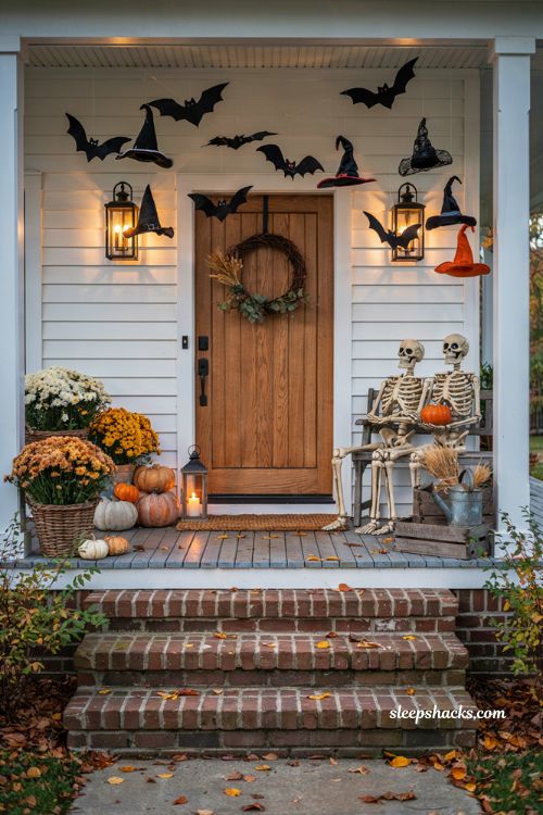 Fall porch decorating ideas with playful Halloween bats witches hats and pumpkins