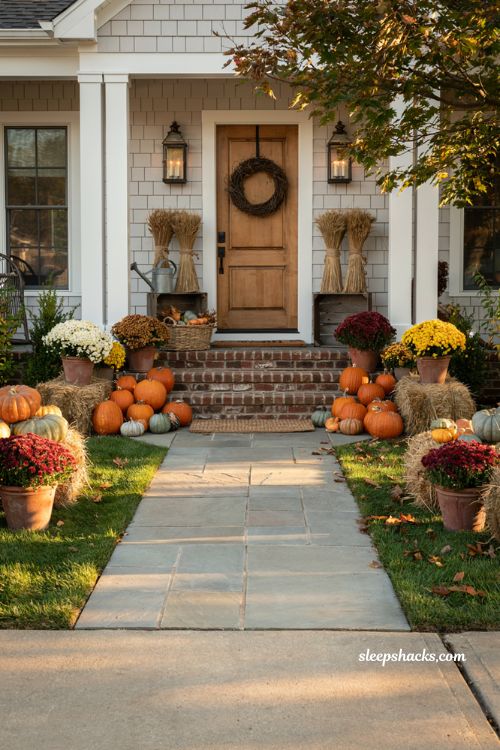 Fall porch decorating ideas with pumpkins mums and autumn walkway decor