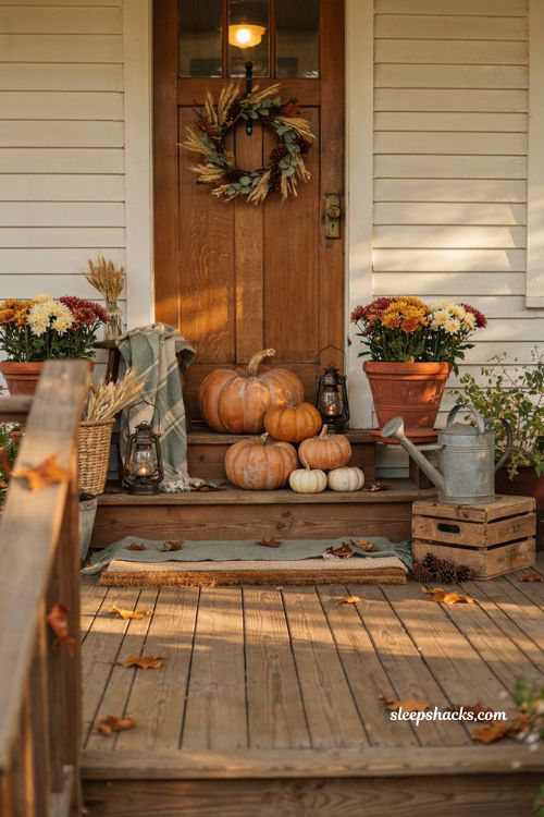 Fall porch decorating ideas with pumpkins mums wreath and cozy autumn entrance