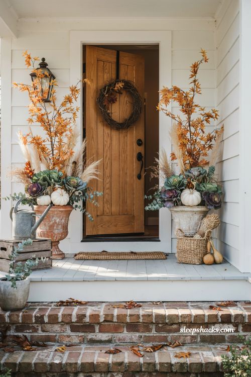 Fall porch decorating ideas with refreshed planters and autumn fall blooms
