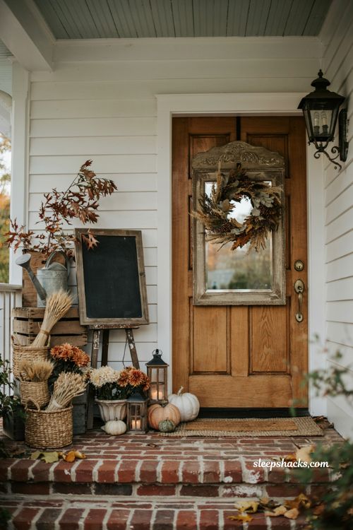 Fall porch decorating ideas with vintage mirror layered wreath and autumn decor