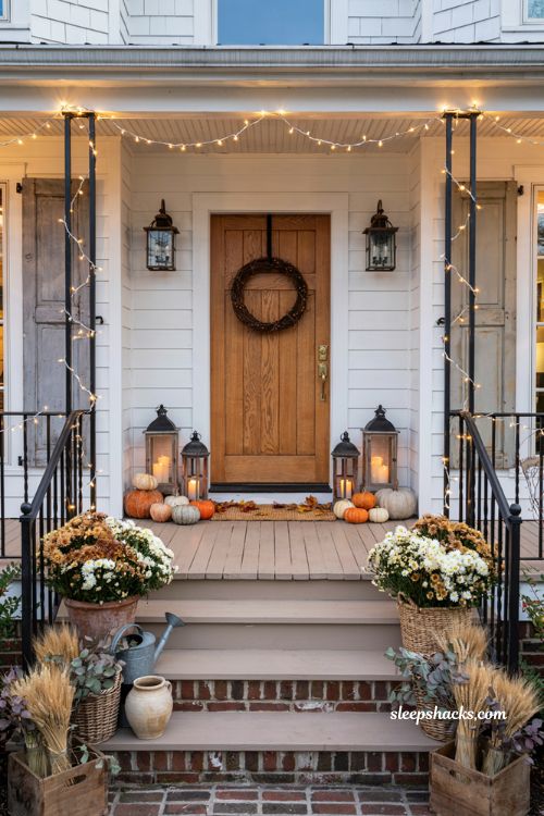 Fall porch decorating ideas with warm string lights lanterns and cozy evening glow
