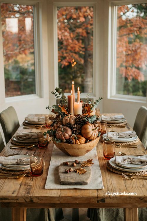Fall table decor ideas with a simple autumn centerpiece and cozy farmhouse style