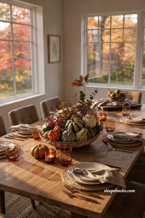 Fall table decor ideas with basket of gourds berries and candlelight