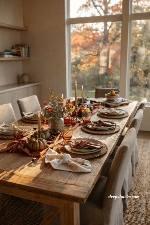 Fall table decor ideas with farmhouse kitchen towel napkins and cozy place settings