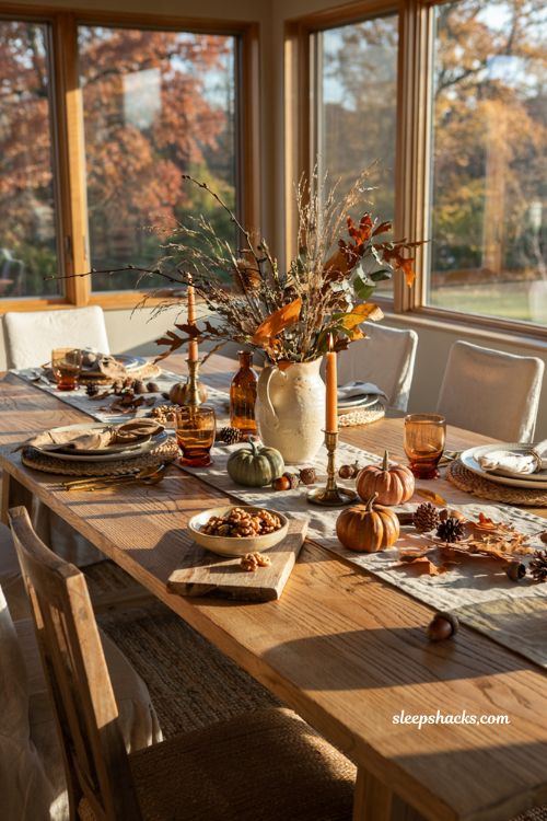 Fall table decor ideas with foraged branches and natural autumn centerpiece