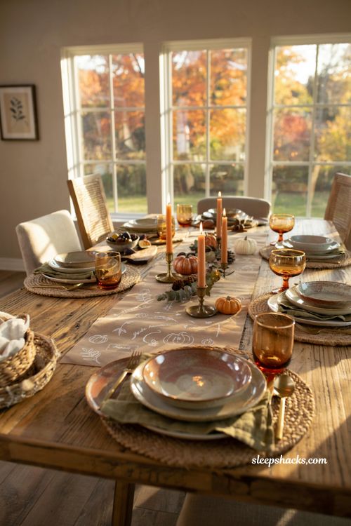 Fall table decor ideas with kraft paper runner and cozy Friendsgiving table