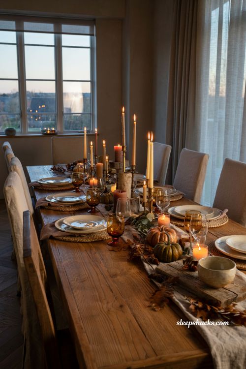 Fall table decor ideas with layered candles and cozy autumn centerpiece