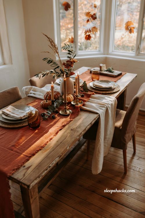 Fall table decor ideas with layered linen runner and cozy autumn textures