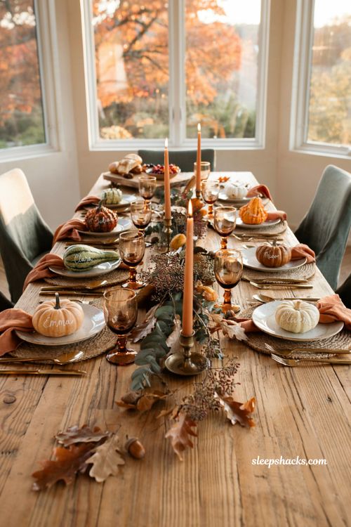 Fall table decor ideas with mini pumpkin place cards and cozy tablescape